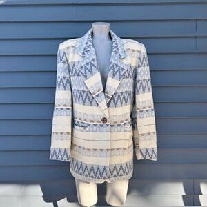 Vintage 90s Braetan Ivory Blue Aztec Wool Blend Blazer Jacket~M~